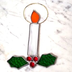 Vintage Sun Catcher Candle & Holly & Berries Stained Glass Christmas Holiday 8"